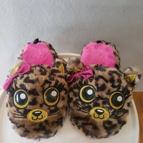 Kids Girls Furry Leopard Print Cat Slippers Pink Lining Size M 13 1 Bow Detail - Picture 1 of 5